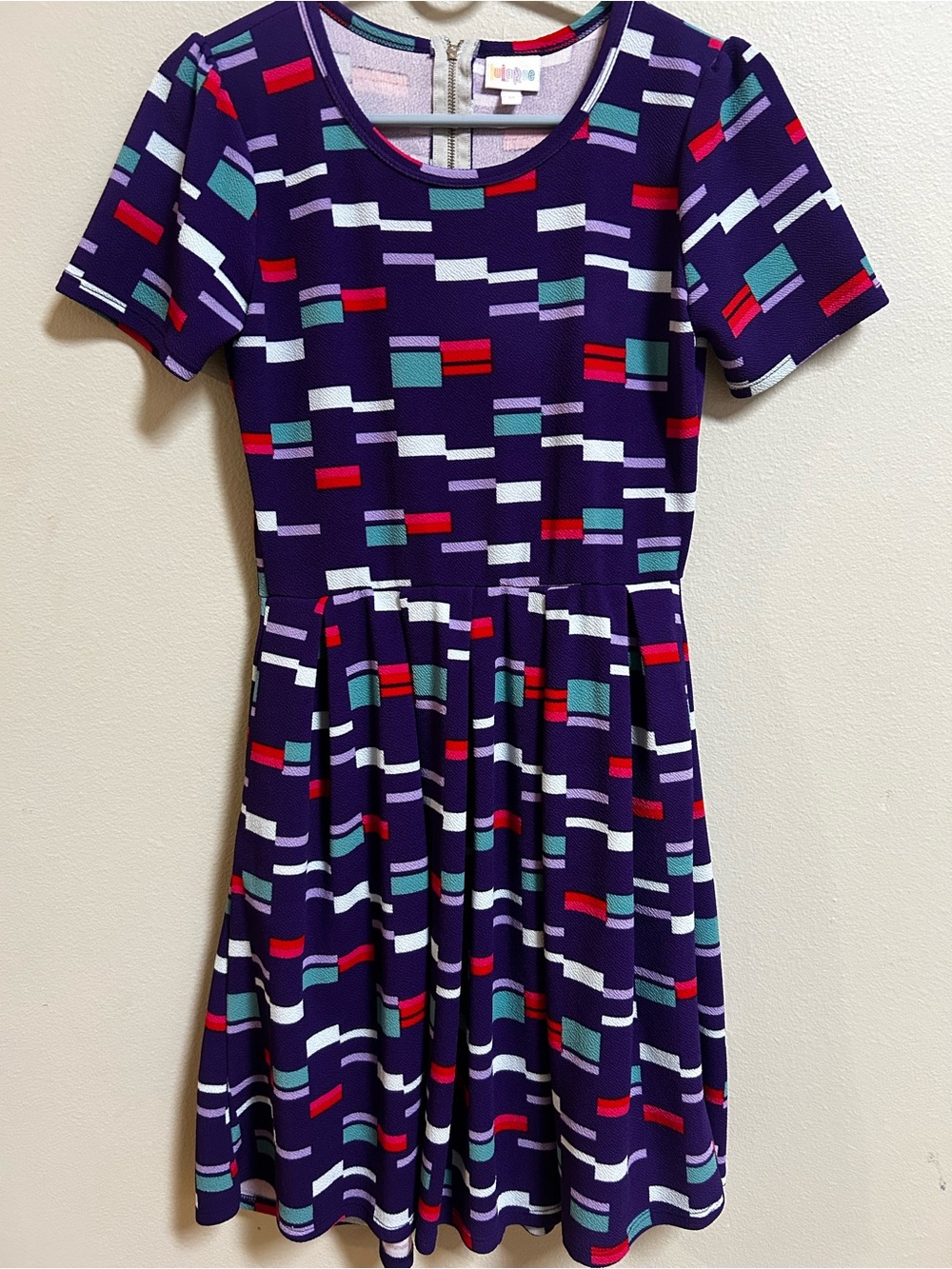 LuLaRoe Amelia Dress Womens M Purple Geometric Print Pleated Skirt Back Zip